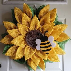 Sunflower Burlap Wreath with Bee Accent